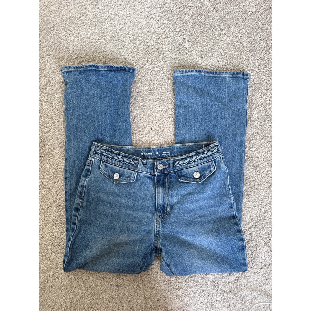 Old Navy Girls Blue High Rise Flare Jeans Braided Waist Built-In Tough Size 12